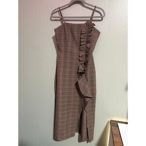 MARC Brown Plaid Ruffle Midi Dress | Spaghetti Strap | Cottagecore Chic L